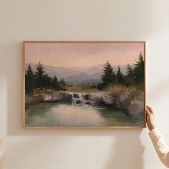 Mountain Stream Twilight Pink Sky Landscape Pine Tree Forest Evening River Scene Poster Unframed Paper Print