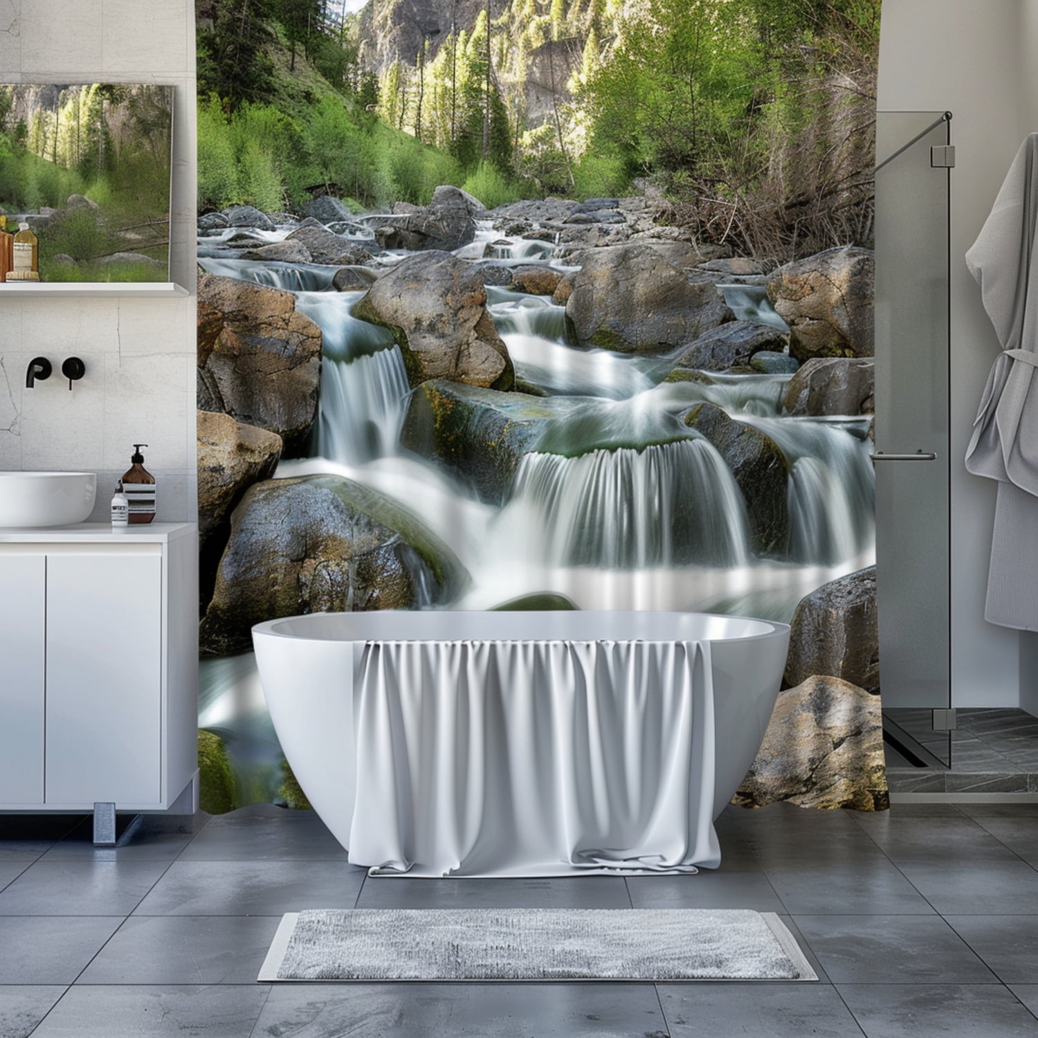 Mountain Stream Waterfall Photo Print Bathroom Decor with White Bathtub ...