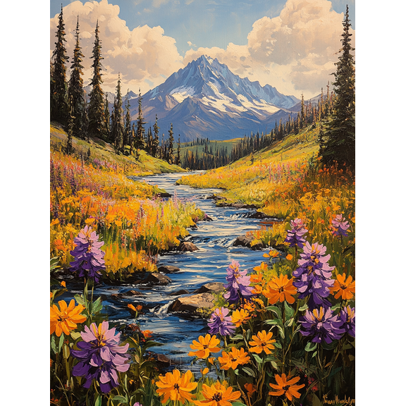 Mountain Stream Wildflower Canvas Painting Suitable for Living Room Hotel and Gallery Wall Decor
