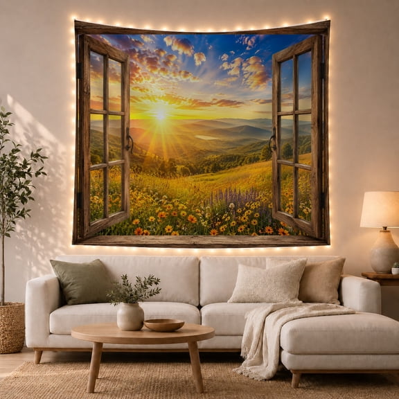 Mountain Sunrise Over Meadow in Rustic Window, Serene Rustic for Nature Lovers, Scenic Landscape Wall Art Decor, Housewarming Gift, Tapestry Wall Hanging for Living Room and Bedroom