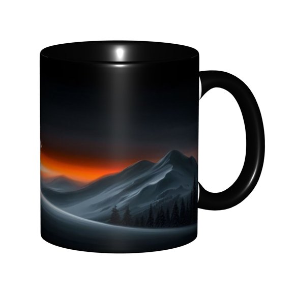 Mountain Sunset 11oz Black Ceramic Mug, Scenic Forest Wilderness Coffee Cup for Nature Lovers