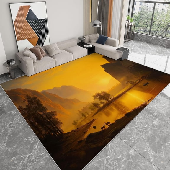 Mountain Sunset Area Rugs, Mountains Sunset Lakeside Animals Carpet, Washable Non Slip Low Pile Soft Rug for Living Room Bedroom Bathroom Decor Mat 2x3ft