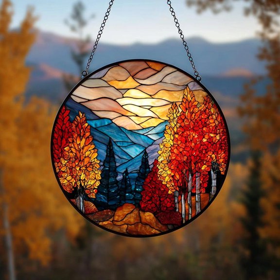 Mountain Sunset Autumn Glass Suncatcher, Fall Forest Window Art, Nature Lover Scenery, 3.5 in