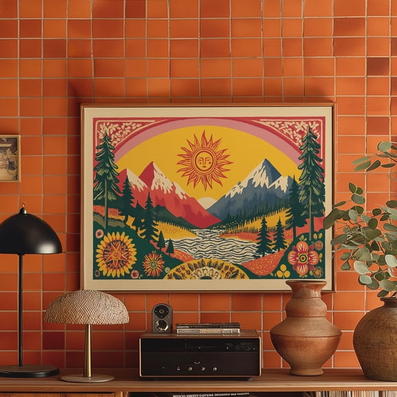 Mountain Sunset Folk Poster Retro Nature Landscape Poster , Poster Print Only
