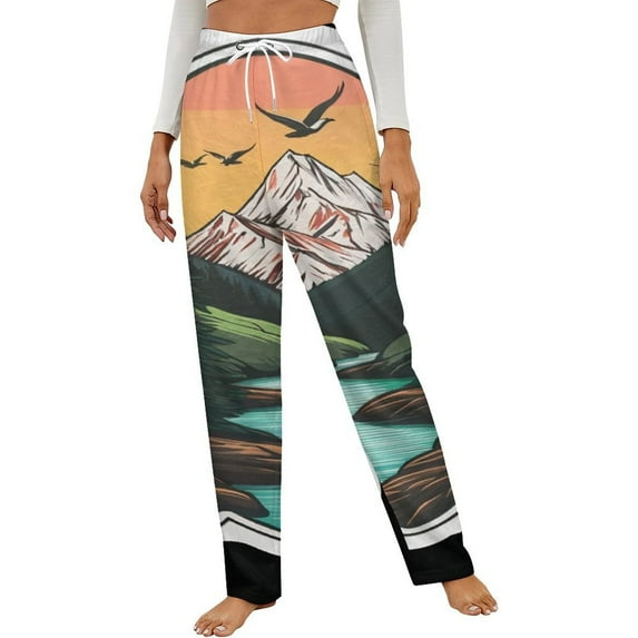 Mountain Sunset Forest Winter Female Pants Flannel High Waist Women Pants Lady Warm Straight Leg Plush Trousers