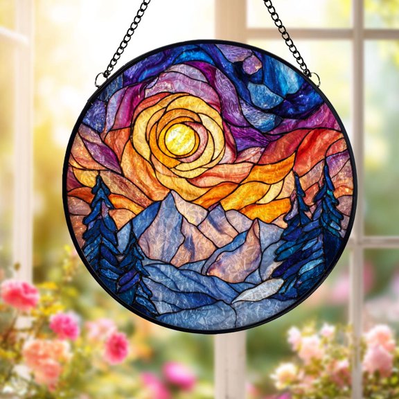 Mountain Sunset Glass Suncatcher, Colorful Landscape Window Hanging Forest Scenic, 6.3 in