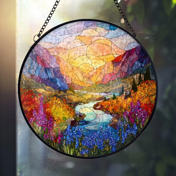 Mountain Sunset Glass Suncatcher, Colorful Landscape Window Hanging Nature Art Scenic River, 7.9 in