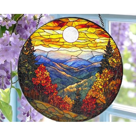 Mountain Sunset Glass Suncatcher: Mountain Range Forest Window Hanging Art, 6.3 in