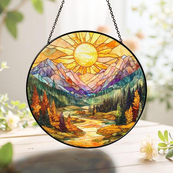 Mountain Sunset Glass Suncatcher, Mountain Range Nature Landscape Forest River, 7.9 in
