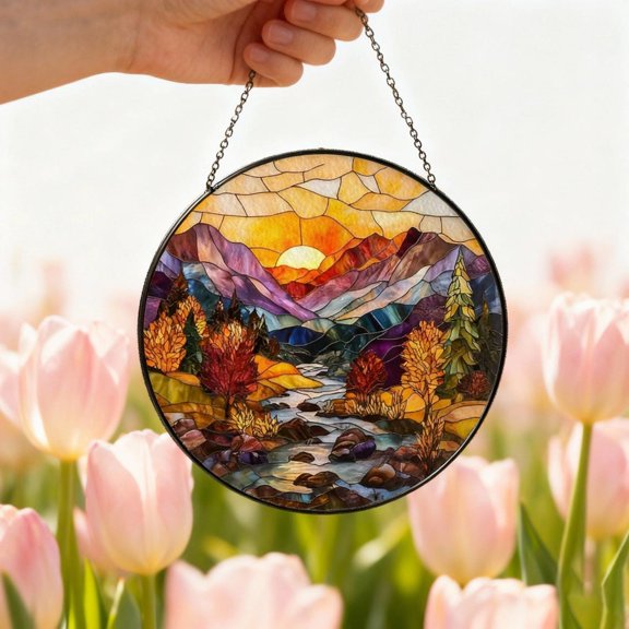 Mountain Sunset Glass Suncatcher v3, Autumn Landscape River, Nature Window Art, 6.3 in