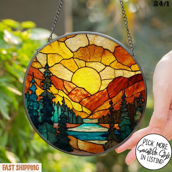 Mountain Sunset Glass Suncatcher v4, Round Forest Landscape Art, Rustic Cabin Decor, 6.3 in