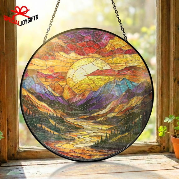 Mountain Sunset Glass Suncatcher v6, Nature Landscape Window Art, Smoky Mountain, 6.3 in