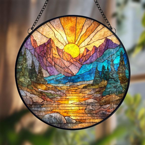 Mountain Sunset Glass Suncatcher v7, Colorful Nature Landscape Art, Scenic Home Decor, 3.5 in