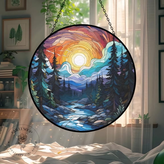 Mountain Sunset Landscape Stained Glass Suncatcher,creative Decorative Gift,elegant Window Hanging,home Decor,cure Gift,mother's Day Gift