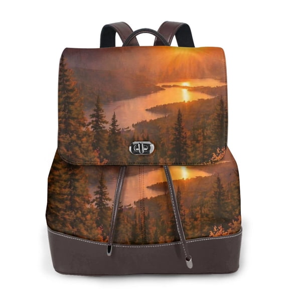 Mountain Sunset Landscape Women's Leather Backpack All-Over Print Bag for Work and Travel