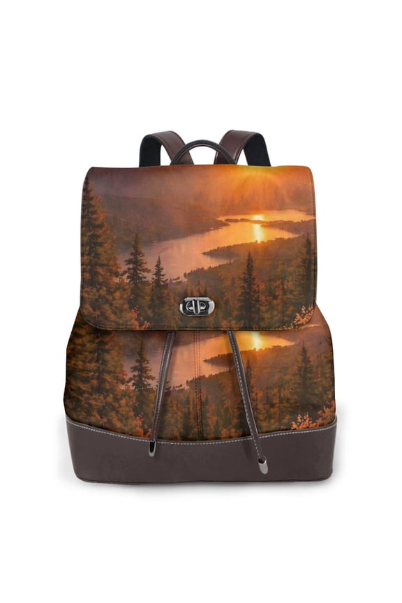 Mountain Sunset Landscape Women's Leather Backpack All-Over Print Bag for Work and Travel