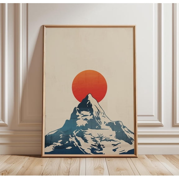 Mountain Sunset Minimal Snow Peak Red Sun Landscape Nature Decor Unframed Paper Print