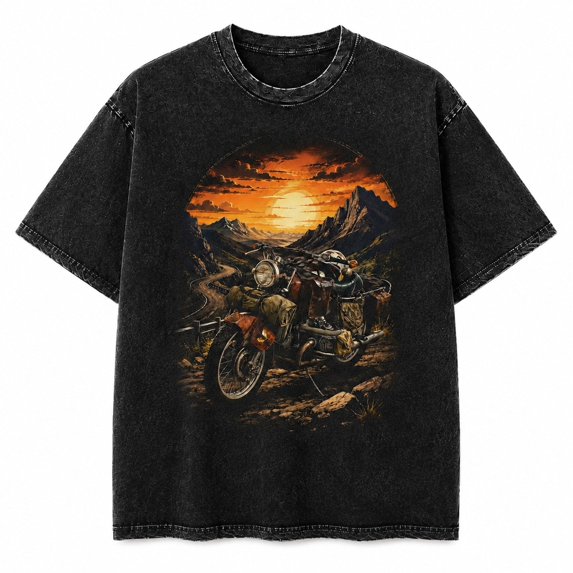 Mountain Sunset Motorcycle Washed T-Shirt, Unisex Classic Fit, 100% Heavyweight Cotton, 180 GSM, Front Print