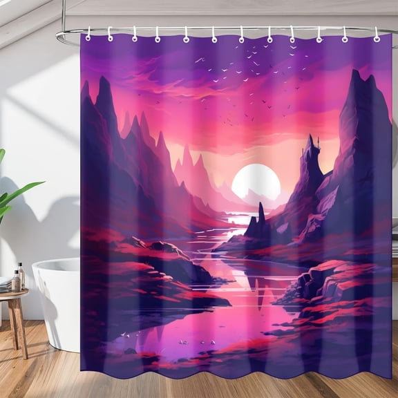 Mountain Sunset Pattern Shower Curtains, Waterproof Fabric, Washable Polyester Bath Curtain for Bathroom Decor with Hooks 36"W x 72"H