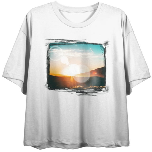 Mountain Sunset Photo Crew Neck Short Sleeve Women's White Crop Top-Medium