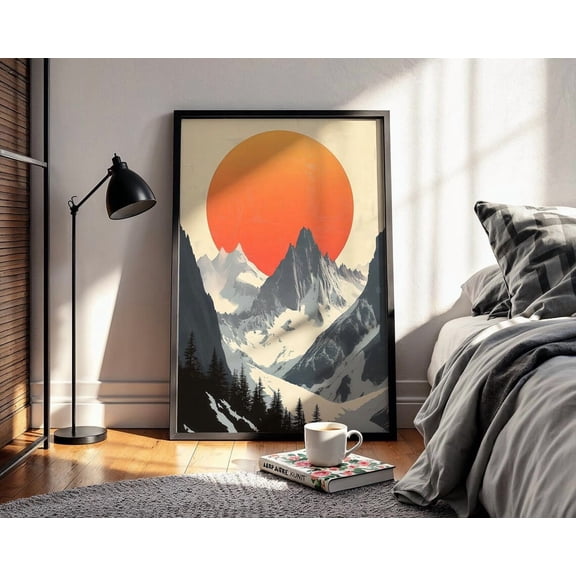 Mountain Sunset Poster Wall Art, Minimalist Red Sun Alpine Illustration For Modern Natural Decor UNFRAMED Poster, 12x18