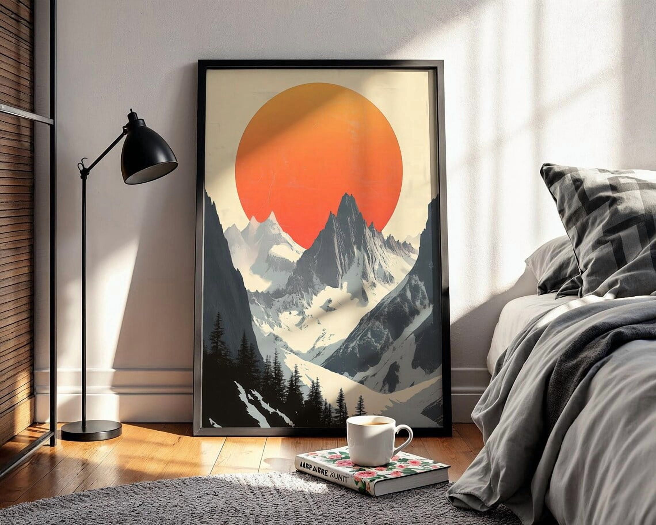 Mountain Sunset Poster Wall Art, Minimalist Red Sun Alpine Illustration ...