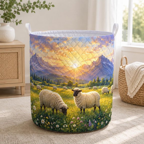 Mountain Sunset Sheep Meadow Quilted Laundry Basket, Personalized Farmhouse Storage Bin, Nature Lover Gift, Hamper, Organizer, Decor, Art