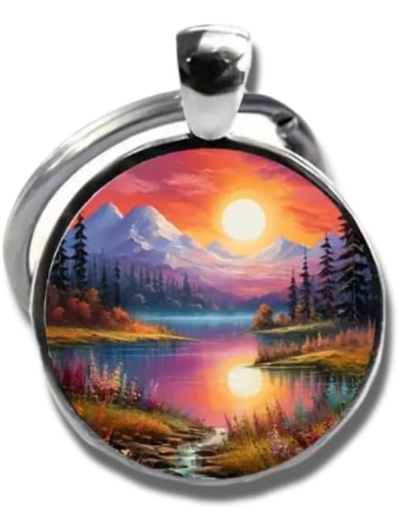 Mountain Sunset Stained Glass Art Keychain - Vibrant Lake Nature Scene