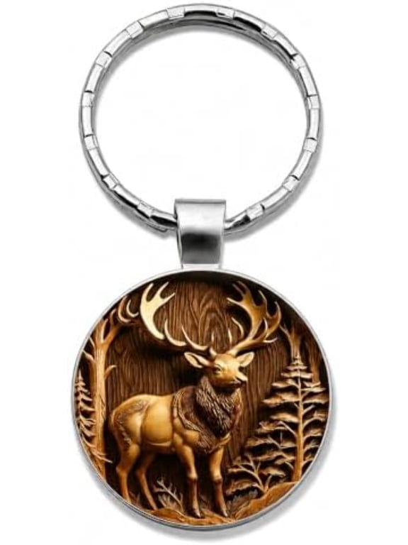 Vintage Bronze Elk Keychain - Woodland Nature Scene, Round Pendant