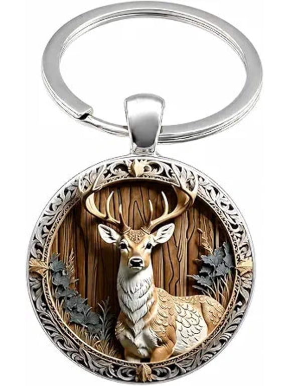 White-Tailed Deer Stained Glass Art Keychain - Woodland Nature Scene
