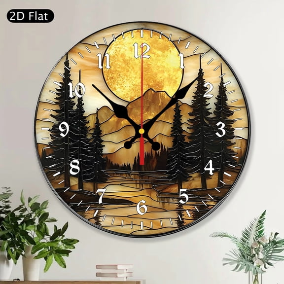 Mountain Sunset Stained Glass Art Round Wall Clock Nature Landscape Forest Rustic Cabin Decor Gift