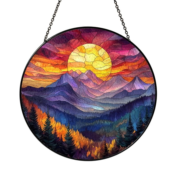 Mountain Sunset Stained Glass Style Suncatcher, Fantasy Forest ...
