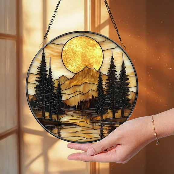 Mountain Sunset Stained Glass Suncatcher, Nature Landscape Window Hanging, Round Forest Glass Art, Rustic Cabin Decor Gift