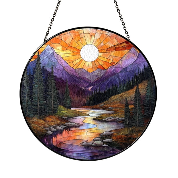 Mountain Sunset Stained Glass Suncatcher, Rustic Nature Window Panel Hanging, Scenic Forest Home Decor Gift for Women Men Mom Birthday