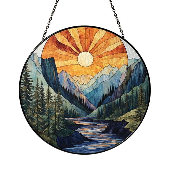 Mountain Sunset Window Panel with Stained Glass Look, Nature Inspired Home Decor