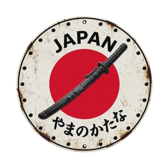 Mountain Sword Japan Blade Weapon Historic Vintage Metal Tin Sign Plaque Wall Decor for Cafe, Club, Garden Round Metal Poster 8x8Inch
