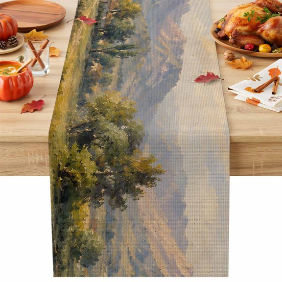 Mountain Table Runner 13x36 Inch Rustic Brown Valley Riverfront Oil Painting Landscape Cotton Linen Dining Table Runner Ideal for Dresser Kitchen Coffee Tables - Machine Washable