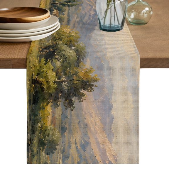 Mountain Table Runner, Rustic Brown Valley Riverfront Oil Painting Landscape Cotton Linen Table Cloth, Tablerunner for Kitchen Dining Party Wedding Home Decor 13x36 Inch