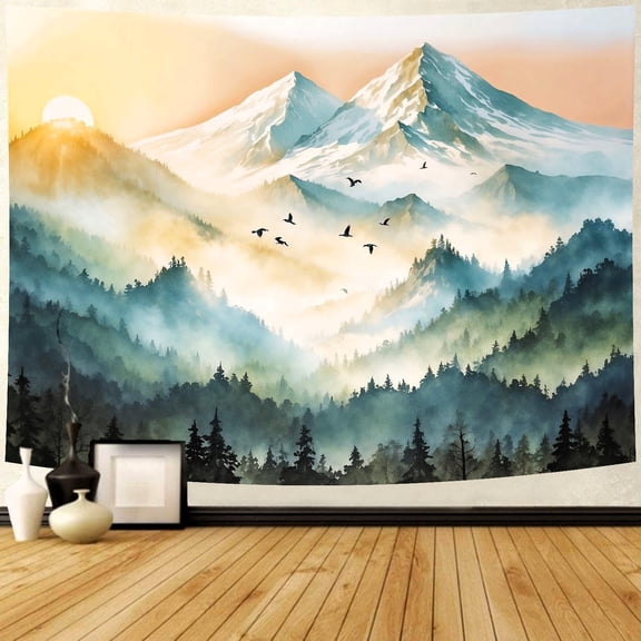 Mountain Tapestry Boho Misty Sunset Forest Tree Tapestry Wall Hanging Sunrise Nature Landscape Psychedelic Headboard for Bedroom Living Room Home Decor (51.2" x 59.1")