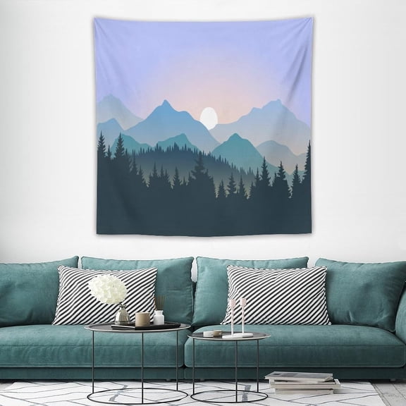 Mountain Tapestry Forest Mountain Sunrise Pattern Printed Wall Tapestry Wall Hanging for Bedroom Living Room Dorm 60"W x 60"H