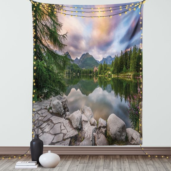 Mountain Tapestry, Idyllic View with Tree on Still Lake Surrounded by Mountains and Moody Sky Image, Wall Hanging for Bedroom Living Room Dorm Decor, 40W X 60L Inches, Multicolor, by Ambesonne