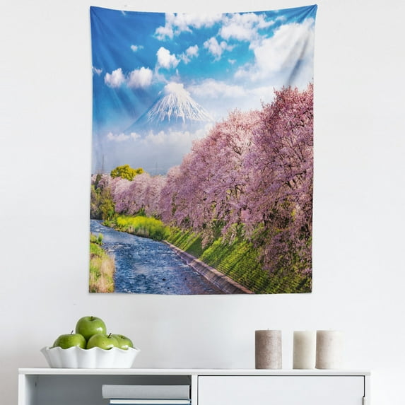 Mountain Tapestry, View of River and Clear Sky with Cherry Blossoms, Fabric Wall Hanging Decor for Bedroom Living Room Dorm, 5 Sizes, Azure Blue Pale Pink, by Ambesonne