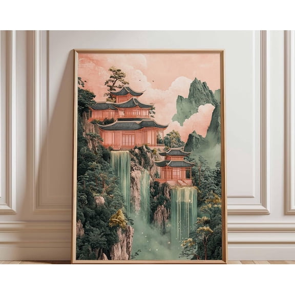 Mountain Temple Waterfall Ink Landscape Wall Art Print, Unframed Paper Poster 24x36in