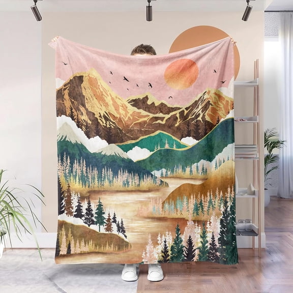 Mountain Throw Blanket, Sunset Forest Tree Lake Nature Scenic Cozy Decor Nap Blankets Gift Sofa Bed Couch Chair or Dorm Throws Orange Pink 60×80 inches