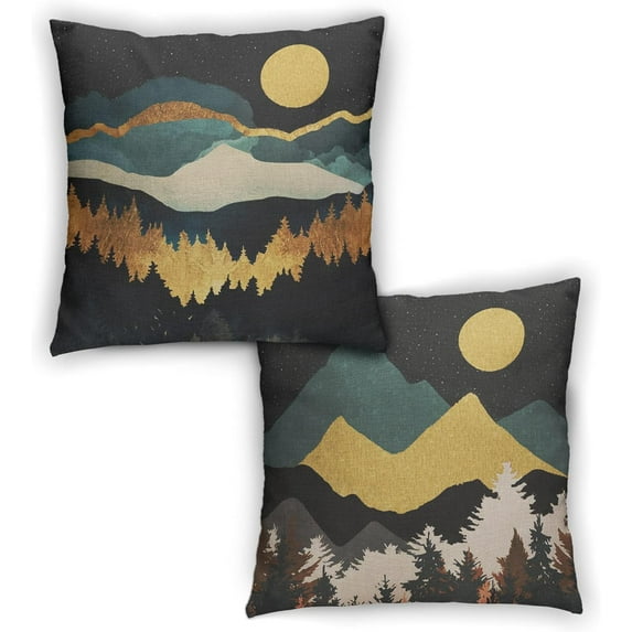 Mountain Throw Pillow Covers,Tree Pillow Cover Decorative Pillows Nature,Yellow Blue Black Camping Pillow Covers 18X18 Set of 2 Linen for Couch Sofa Cabin Decor Forest Pillow Case,Pillow Mountains
