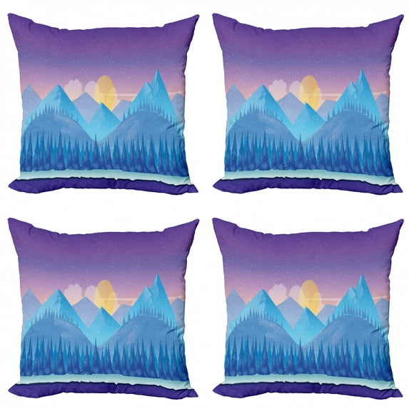 Ambesonne Mountain Throw Pillow Cover 4 Pack, Cartoon Fir Woodland, 20", Purple Blue and Yellow