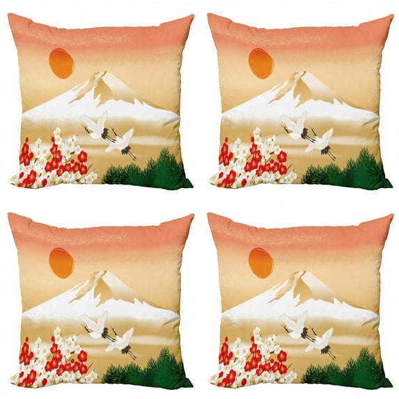 Ambesonne Mountain Throw Pillow Cover 4 Pack, Japanese Landscape Birds, 24", Pale Camel Multicolor