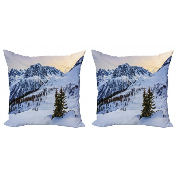 Ambesonne Nature Throw Pillow Cover 2 Pack, Snowy Mountain Winter, 18", White Green
