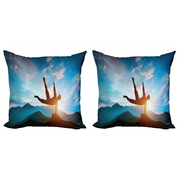 Mountain Throw Pillow Cushion Cover Pack of 2, Man Jumping over Rocks Action Mountains Recreation Scenic Sunset Landscape Image, Zippered Double-Side Digital Print, 4 Sizes, Multicolor, by Ambesonne