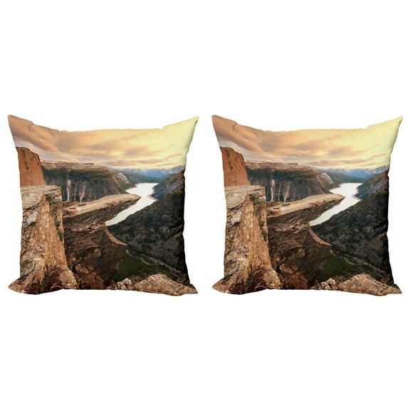 Ambesonne Mountain Throw Pillow Cover 2 Pack, River Canyon Norway, 24", Brown Green